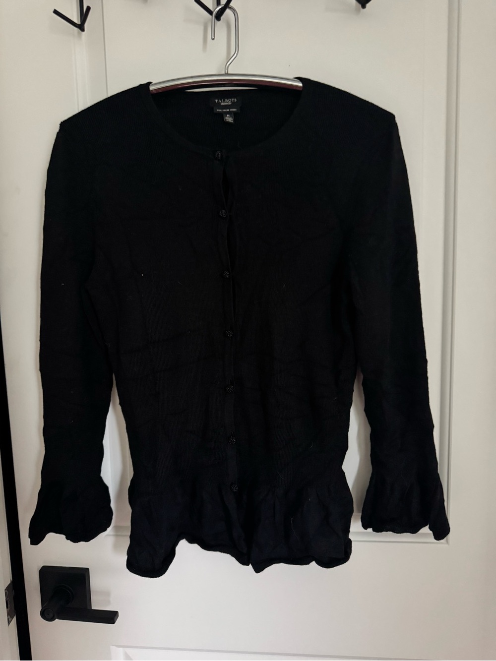 Talbots Black Ruffle-Hem beaded Button Cardigan merino wool